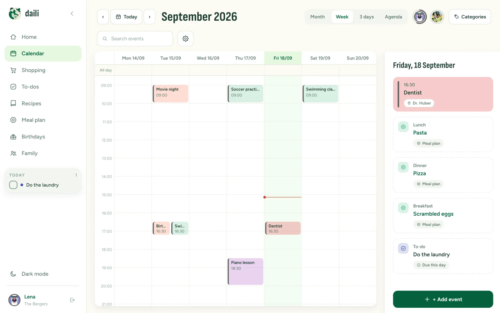 The Daili web app showing a family calendar