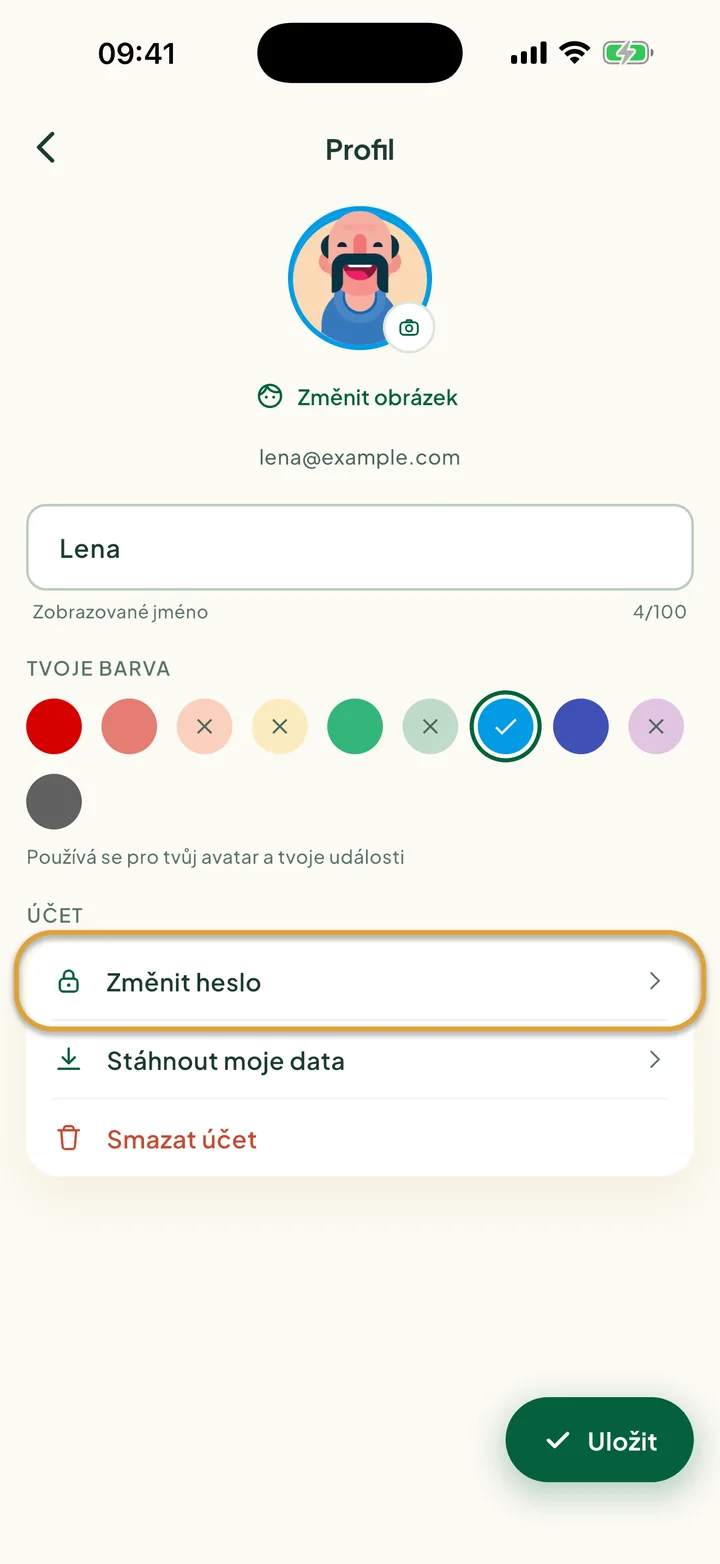 Obrazovka Profil. Zakroužkovaný je řádek Změnit heslo v sekci Účet.