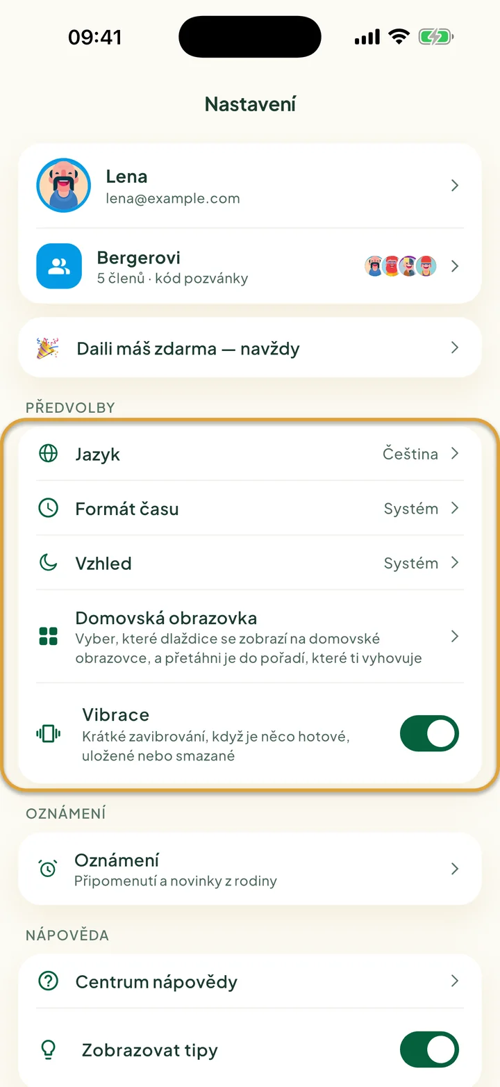 Obrazovka Nastavení. Zakroužkovaná je karta Předvolby s položkami Jazyk, Formát času, Vzhled, Domovská obrazovka a Vibrace.