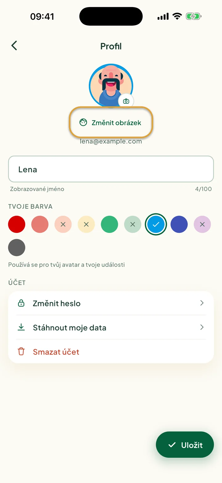 Obrazovka Profil se jménem, barvami a řádky účtu. Zakroužkované je tlačítko Změnit obrázek.