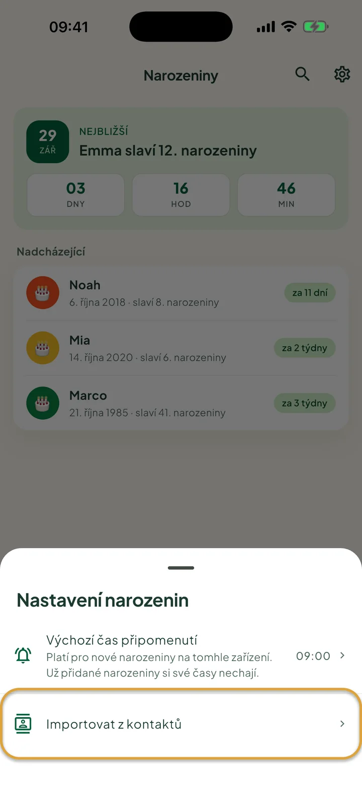Nastavení narozenin. Zakroužkovaný je řádek Importovat z kontaktů.