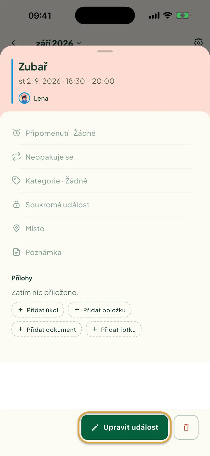 Událost otevřená z kalendáře. Zakroužkované je tlačítko Upravit událost, vedle něj je tlačítko pro smazání.