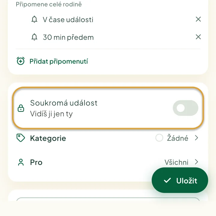 Formulář události. Zakroužkovaný je přepínač Soukromá událost.