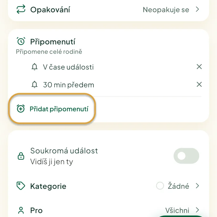 Sekce Připomenutí ve formuláři události se dvěma připomenutími. Zakroužkované je tlačítko Přidat připomenutí.