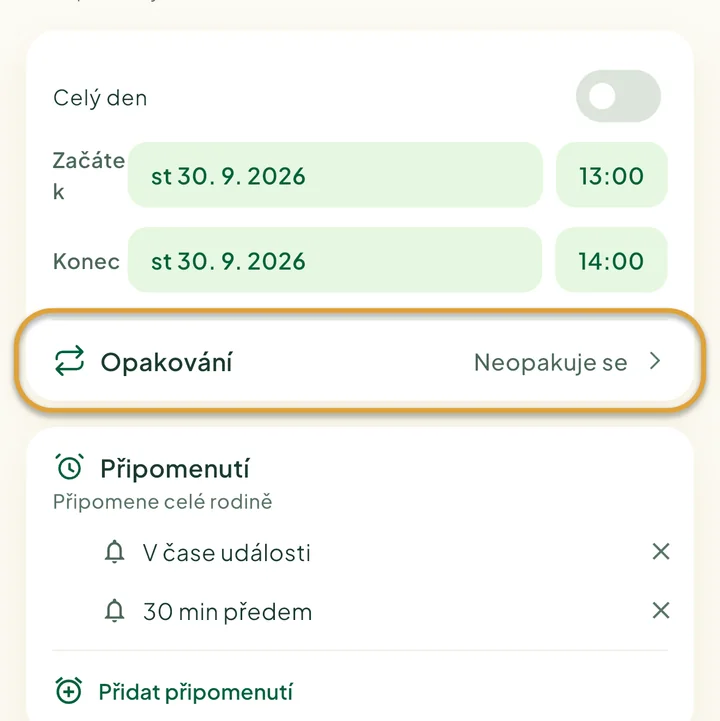 Formulář nové události. Zakroužkovaný je řádek Opakování.