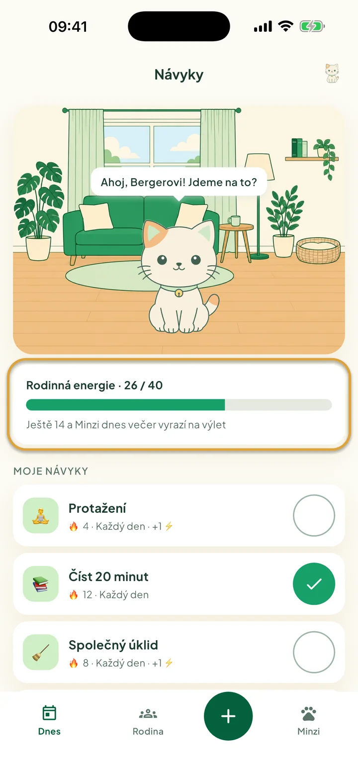 Obrazovka Návyky s kočkou Minzi v jejím pokojíčku. Zakroužkovaný je ukazatel Rodinná energie.