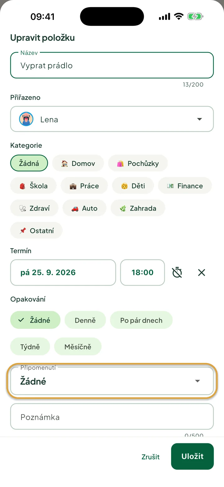 Panel Upravit položku u úkolu s termínem a časem. Zakroužkované je pole Připomenutí.