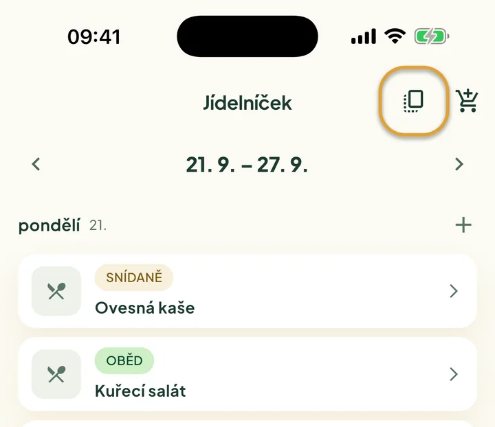 Horní část Jídelníčku. Zakroužkované je tlačítko pro kopírování vedle nákupního košíku.