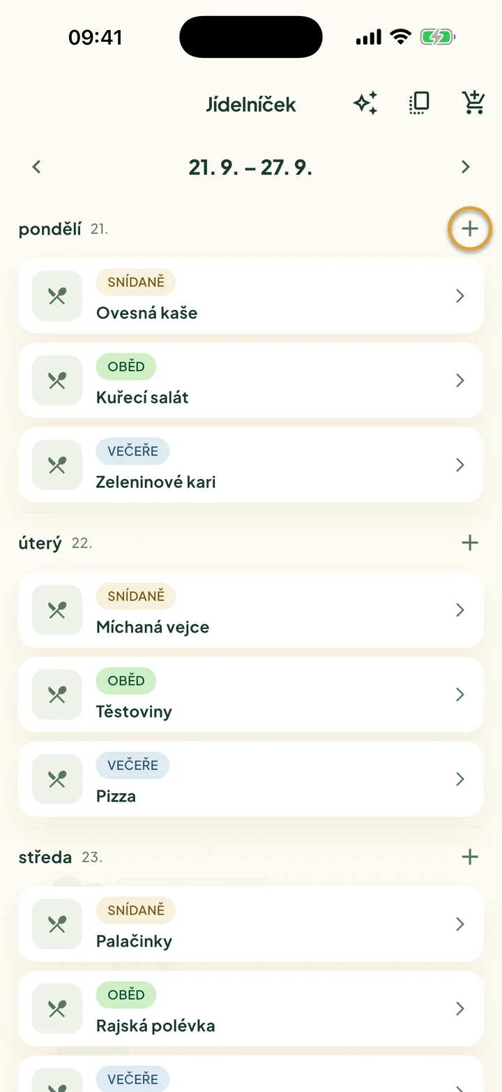Jídelníček na jeden týden. Zakroužkované je + vedle pondělí.