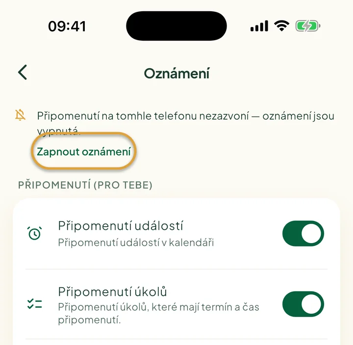Horní část obrazovky Oznámení s upozorněním, že oznámení jsou vypnutá. Zakroužkované je tlačítko Zapnout oznámení.