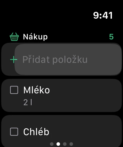 Nákupní seznam na hodinkách, nahoře Přidat položku.