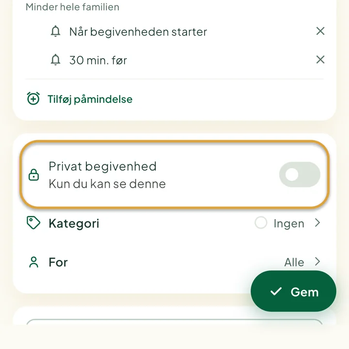 Formularen til en begivenhed. Kontakten Privat begivenhed er markeret med en cirkel.