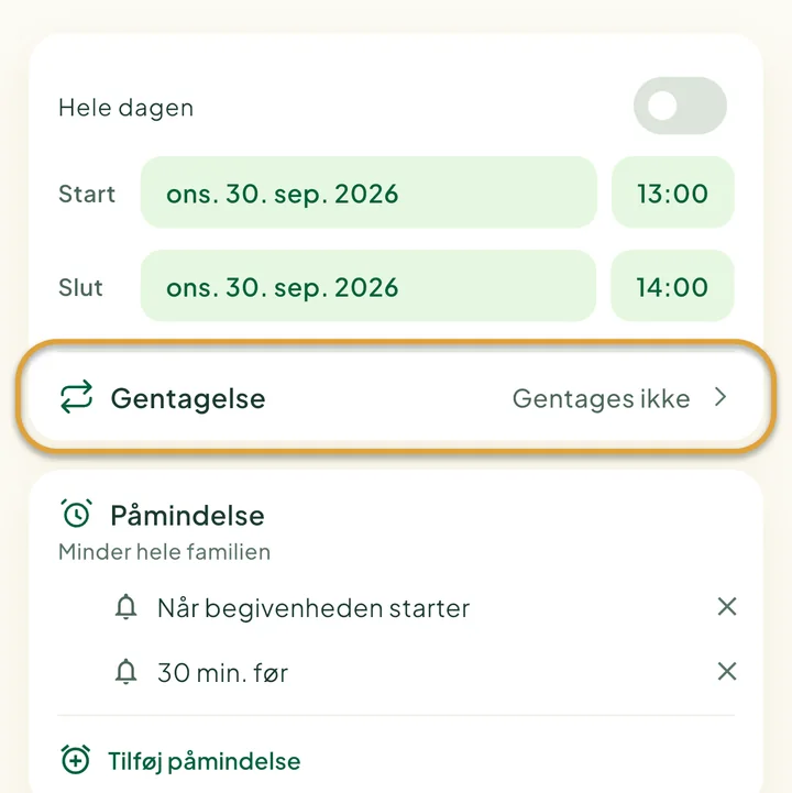 Formularen til en ny begivenhed. Rækken Gentagelse er markeret med en cirkel.