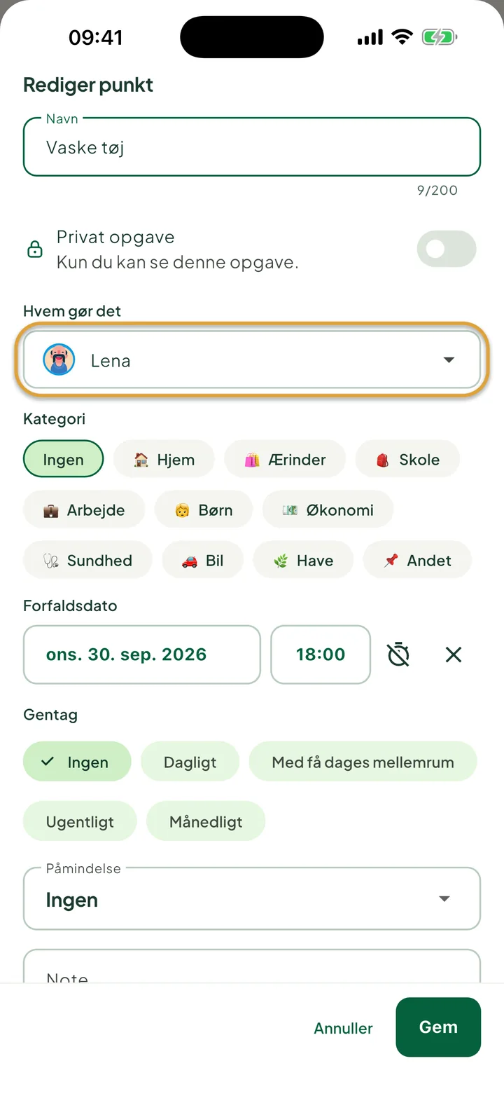 Arket til at redigere en opgave. Feltet Hvem gør det, sat til Lena, er markeret med en cirkel.