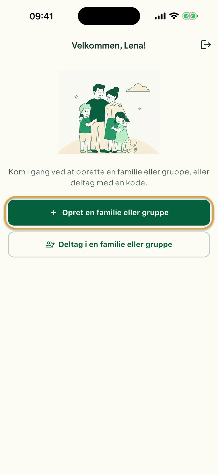 Velkomstskærmen for nye brugere. Knappen Opret en familie eller gruppe er markeret med en cirkel.
