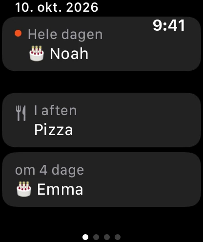Først på tur på uret: en fødselsdag i dag, aftensmaden i aften og en fødselsdag om 4 dage.