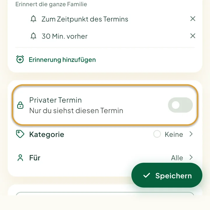 Das Terminformular. Der Schalter Privater Termin ist eingekreist.