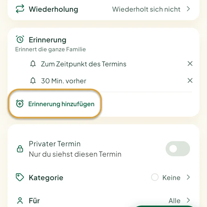 Der Abschnitt Erinnerung im Terminformular mit zwei Erinnerungen. Der Button Erinnerung hinzufügen ist eingekreist.