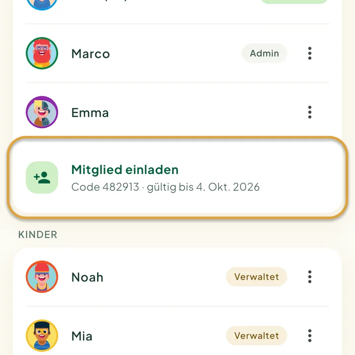 Der Familienbildschirm. Mitglied einladen, darunter der aktuelle Code und sein Ablaufdatum, ist eingekreist.