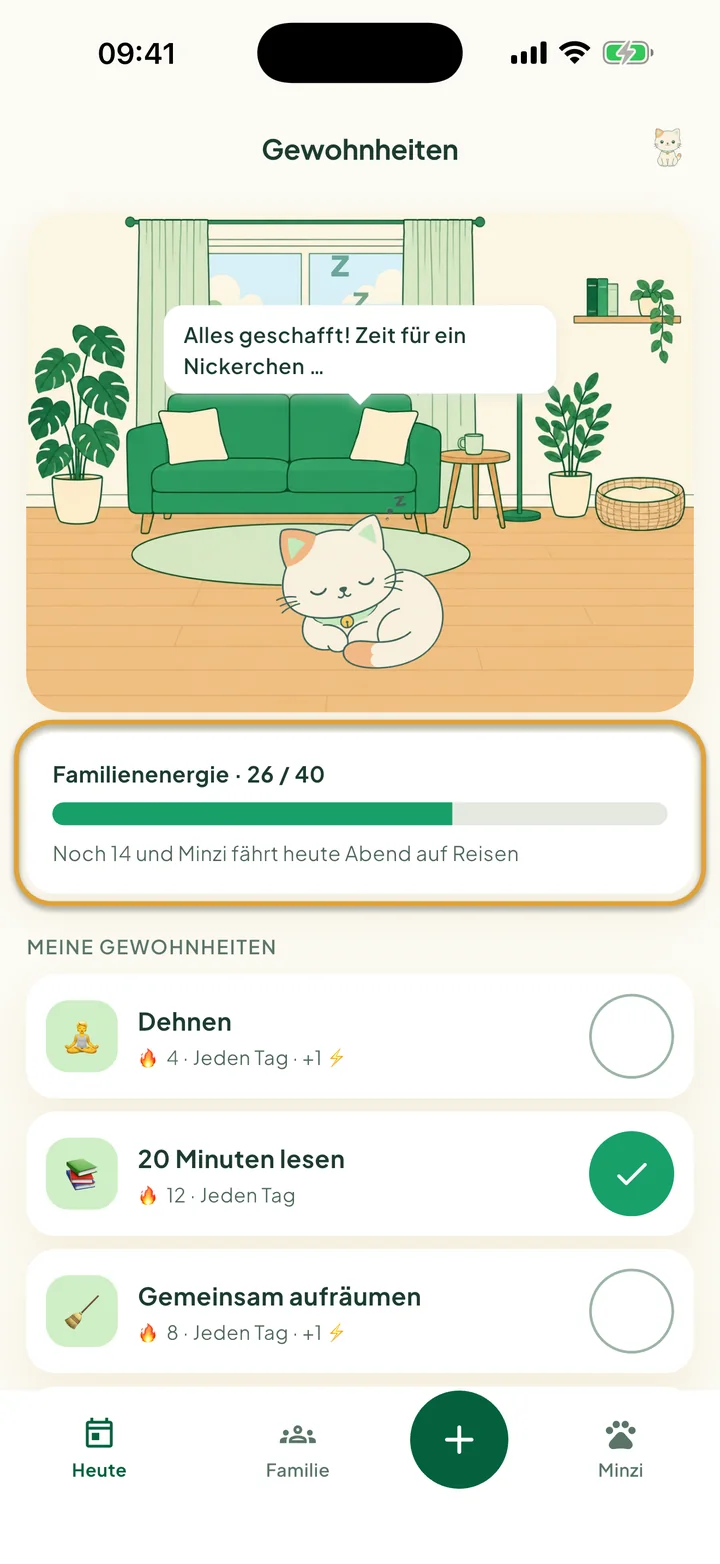 Der Bildschirm Gewohnheiten mit Minzi in ihrem Zimmer. Der Balken Familienenergie ist eingekreist.