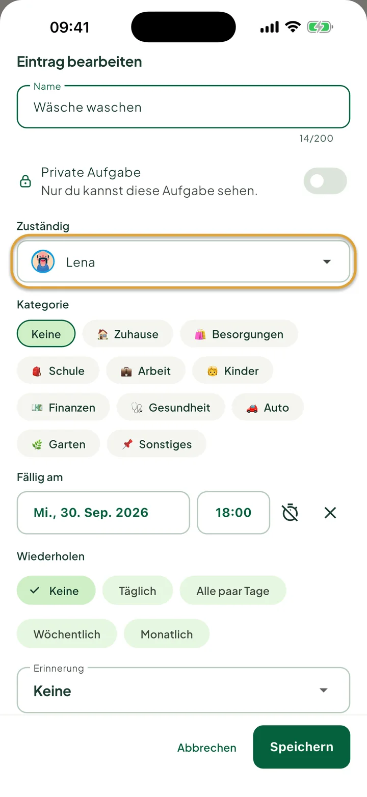 Das Fenster zum Bearbeiten einer Aufgabe. Das Feld Zuständig, auf Lena gesetzt, ist eingekreist.