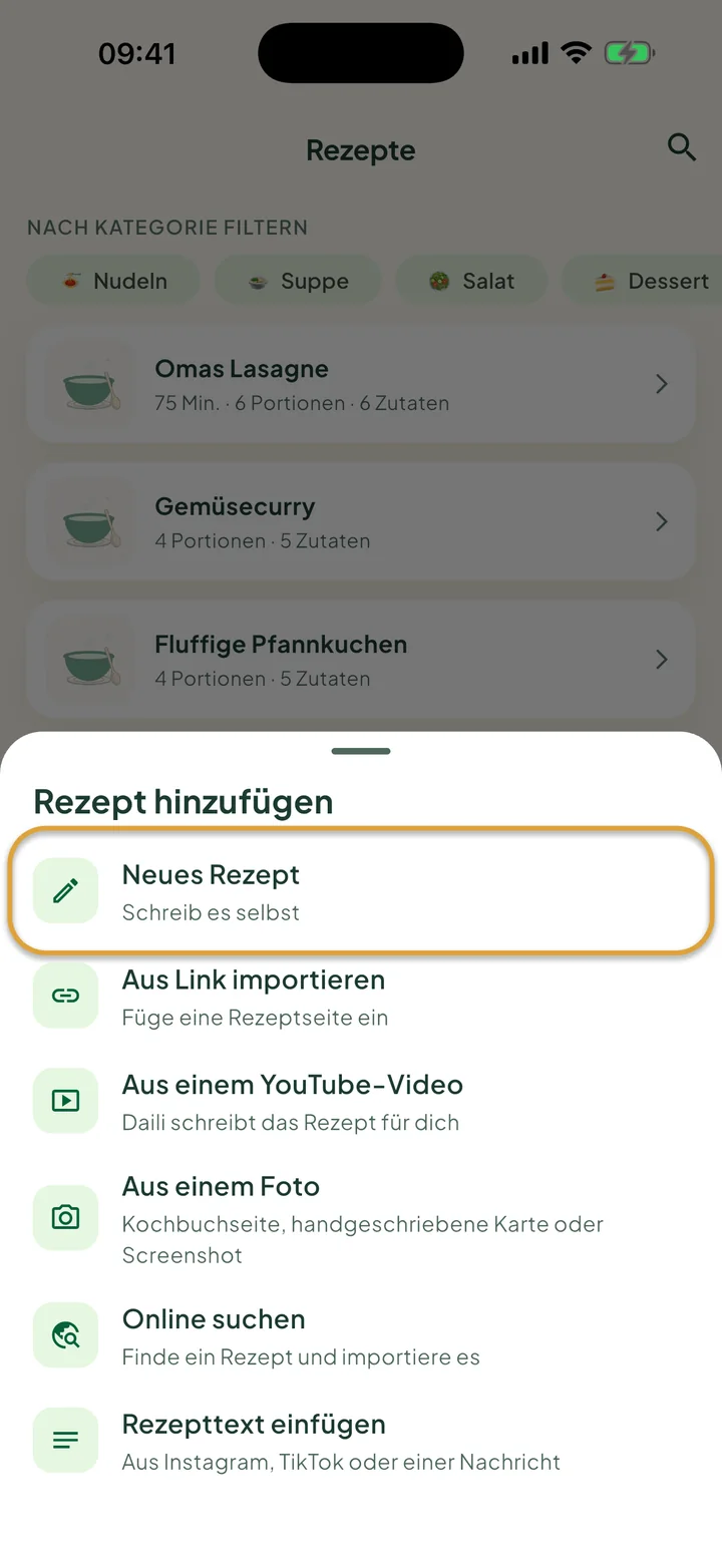 Der Bildschirm Rezepte mit dem geöffneten Menü +. Neues Rezept ist eingekreist.