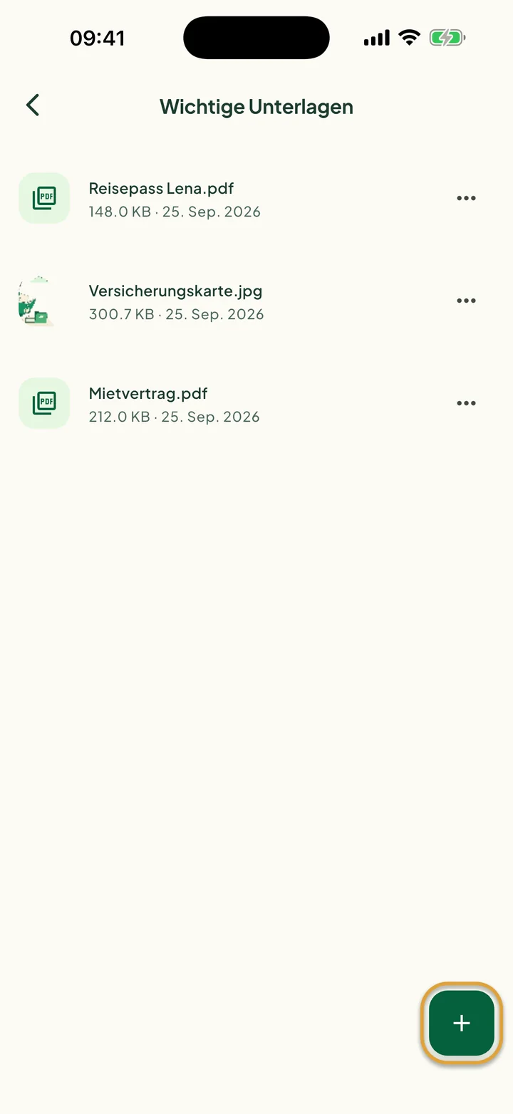Der Ordner Wichtige Unterlagen mit drei Dateien. Der Button + unten rechts ist eingekreist.
