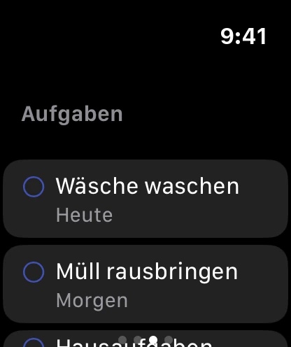 Die Seite Aufgaben auf der Uhr mit zwei offenen Aufgaben, fällig heute und morgen.