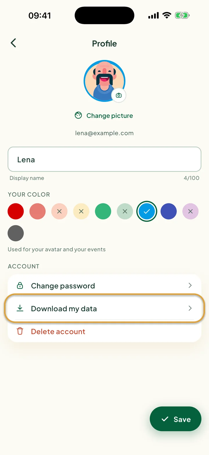 The Profile screen. Download my data, under Account, is circled.