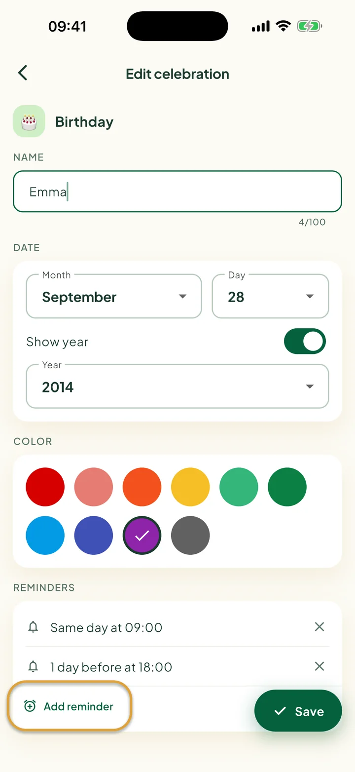 The Edit celebration screen with two reminders. The Add reminder button is circled.