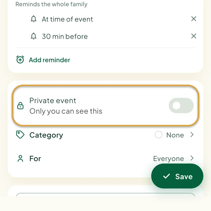 The event form. The Private event switch is circled.