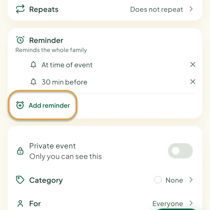 The Reminder section of the event form with two reminders. The Add reminder button is circled.