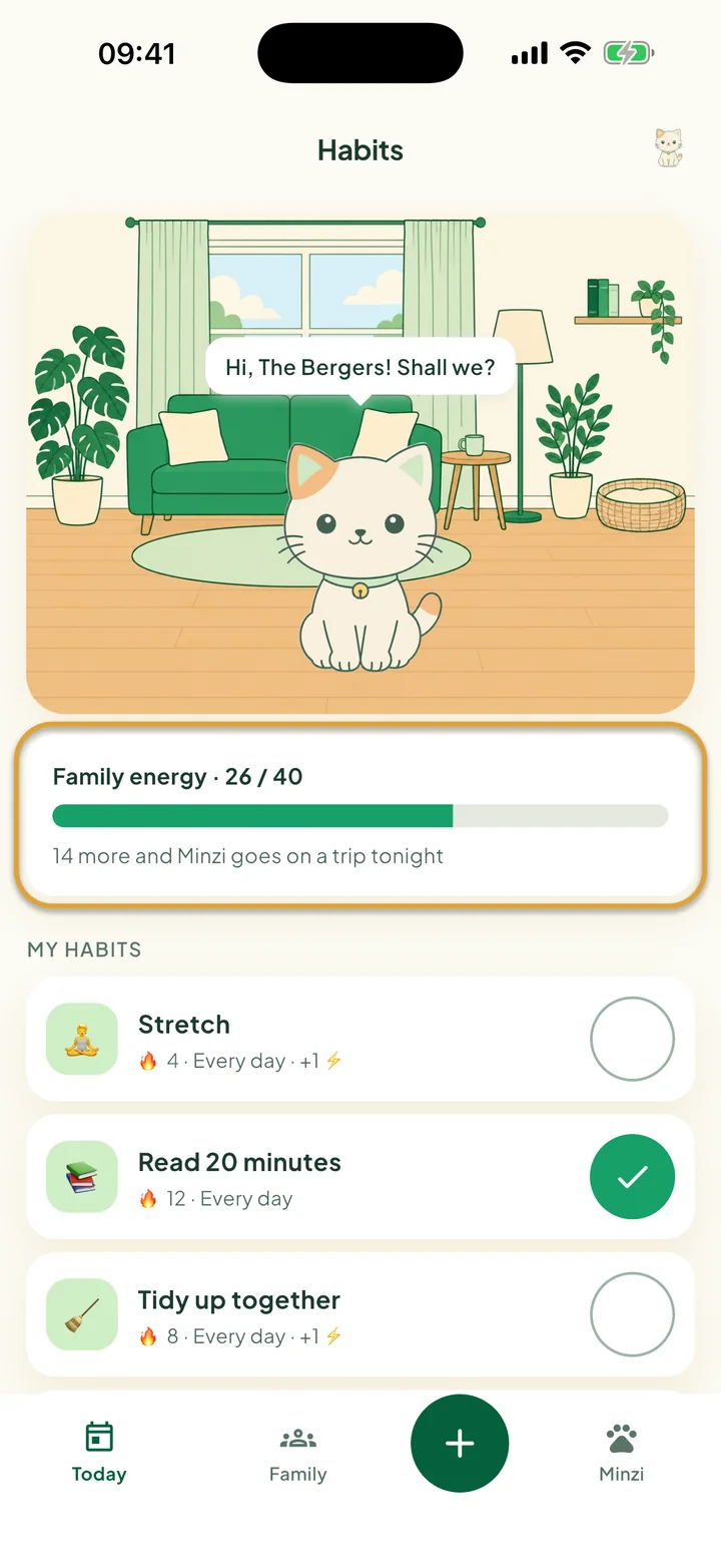 The Habits screen with Minzi in her room. The Family energy bar is circled.