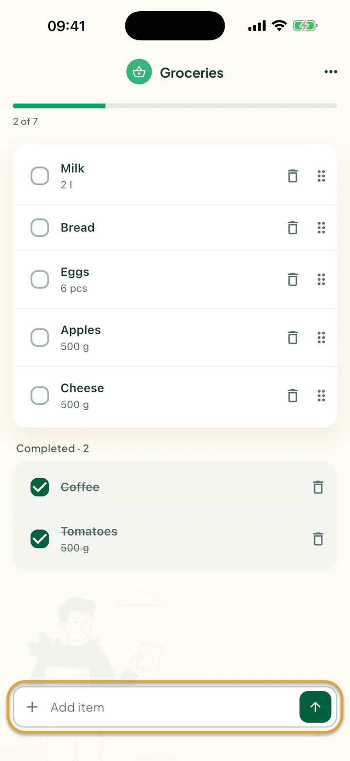 The Groceries list with open items and two ticked ones under Completed. The Add item bar at the bottom is circled.