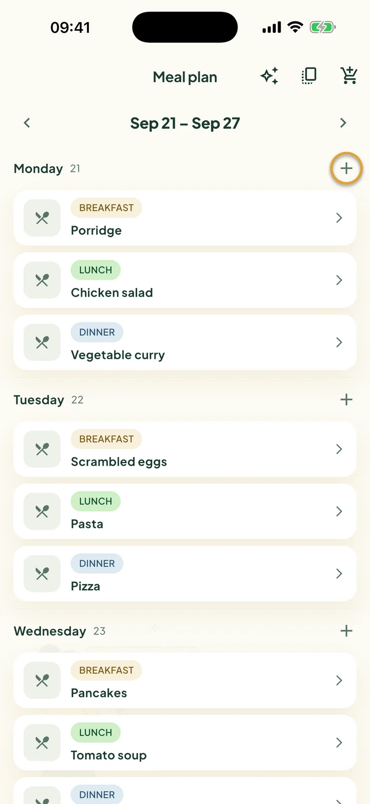 The Meal plan for one week. The + next to Monday is circled.