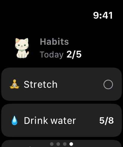 The Habits page on the watch: Minzi, 2 of 5 done today, and the first habits.