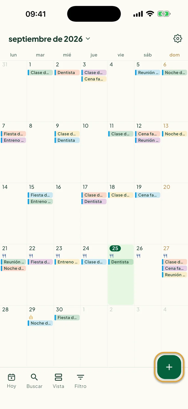 El calendario en vista Mes. El botón + abajo a la derecha está marcado con un círculo.
