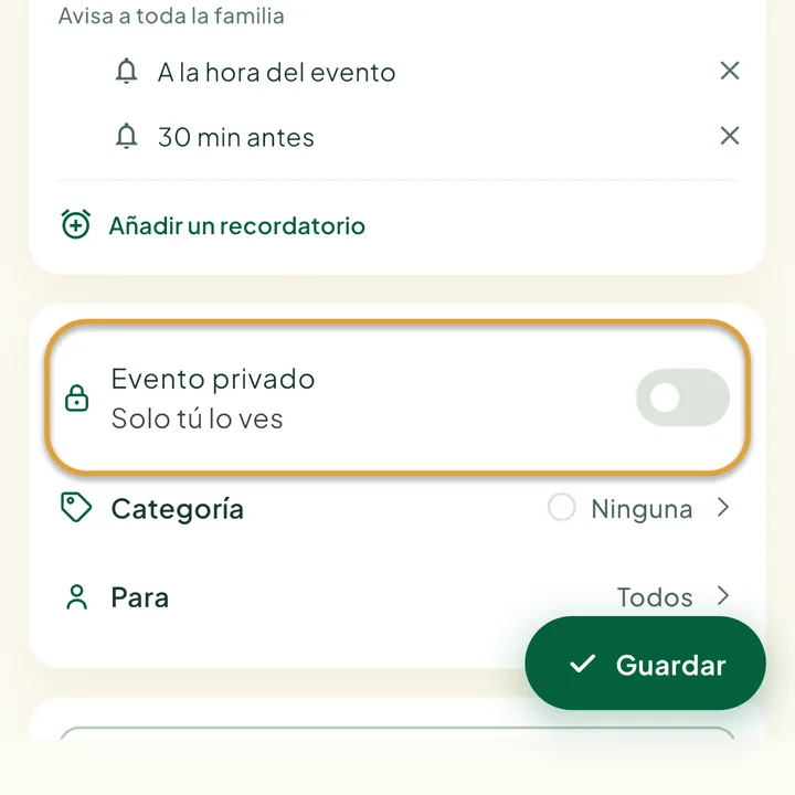 El formulario del evento. El interruptor Evento privado está marcado con un círculo.