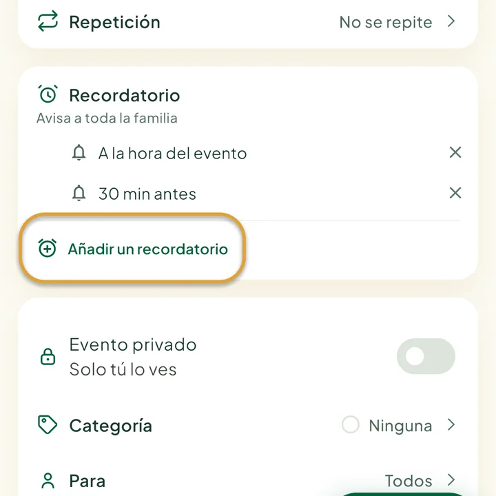 La sección Recordatorio del formulario con dos recordatorios. El botón Añadir un recordatorio está marcado con un círculo.