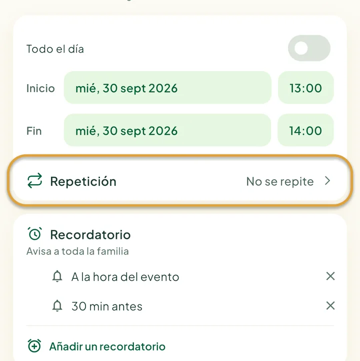 El formulario de evento nuevo. La fila Repetición está marcada con un círculo.
