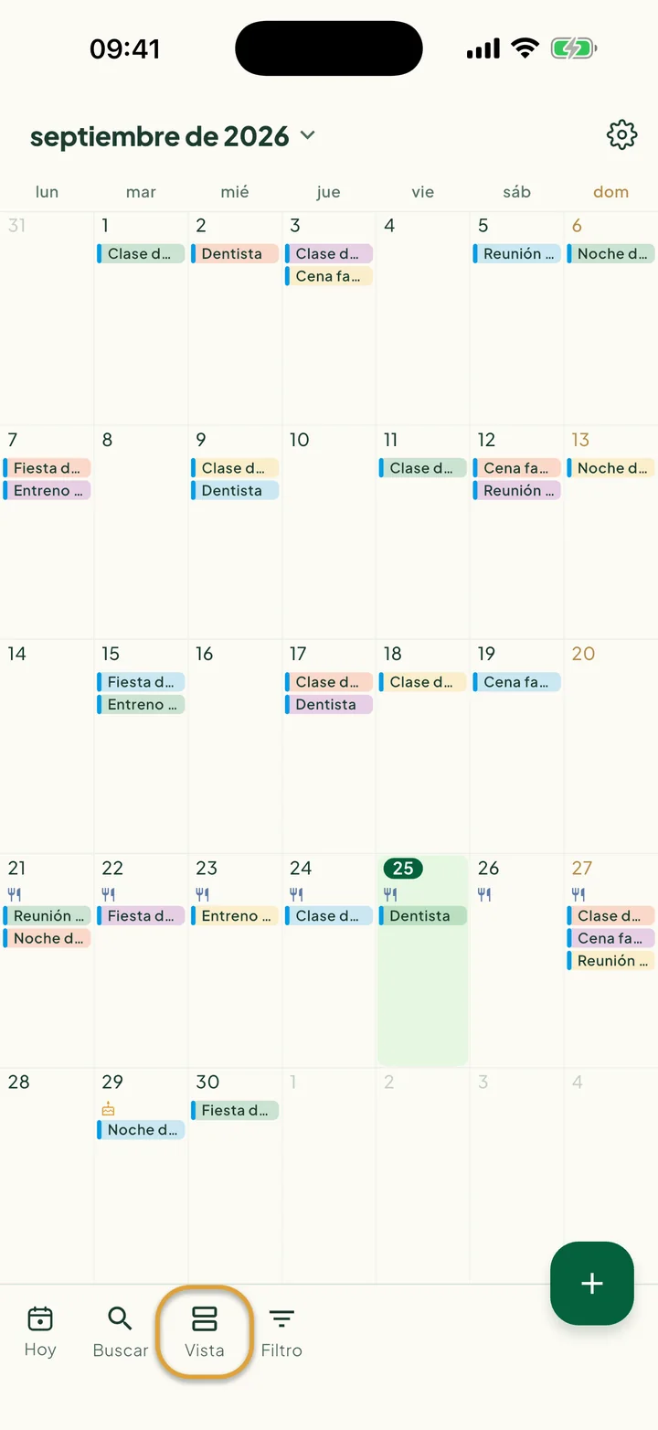 El calendario en vista Mes. El botón Vista de la barra inferior está marcado con un círculo.