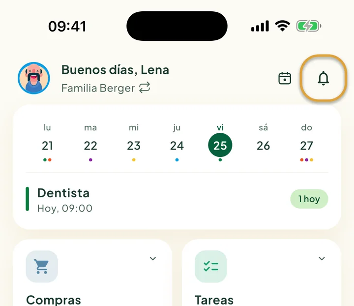 La parte de arriba de la pantalla de inicio. El botón de la campana arriba a la derecha está marcado con un círculo.