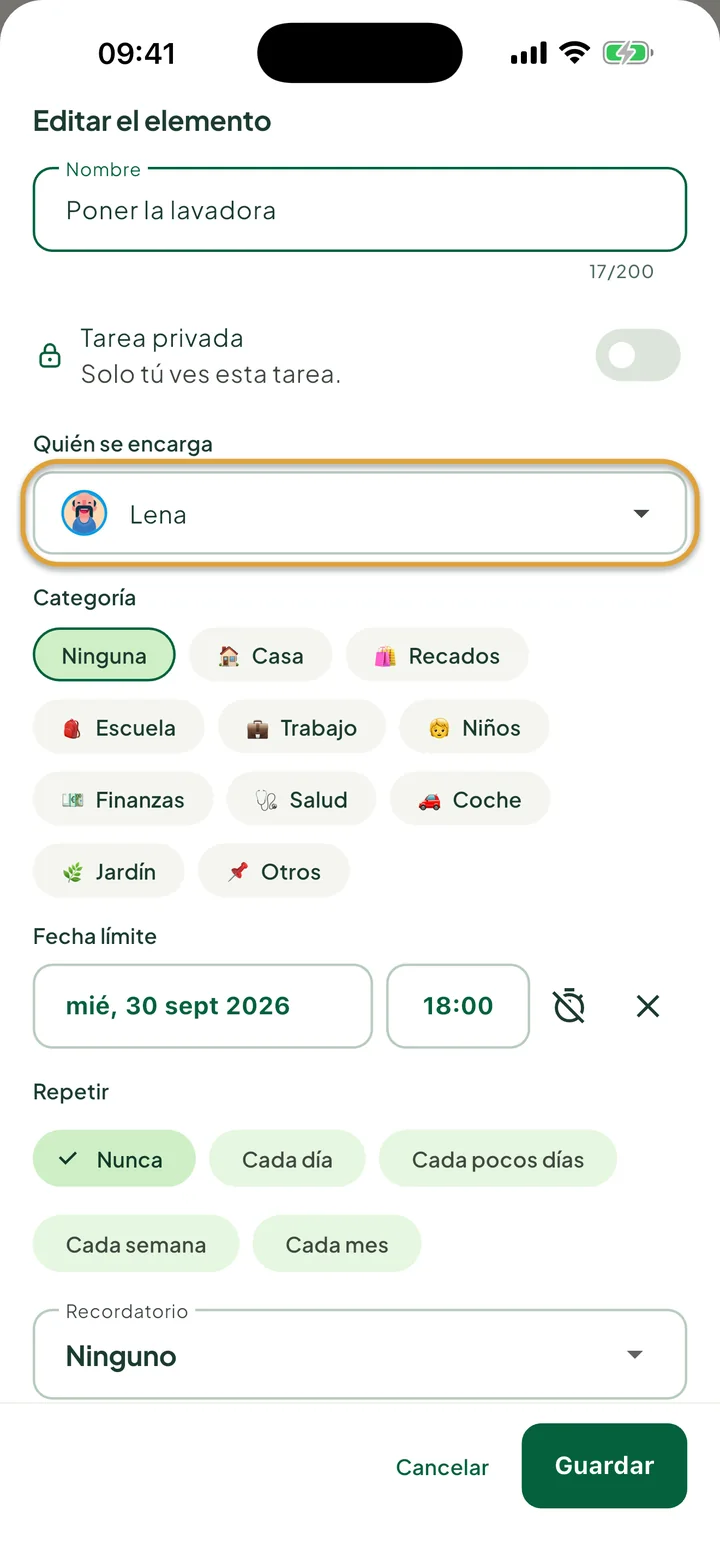 La hoja para editar una tarea. El campo Quién se encarga, con Lena, está marcado con un círculo.