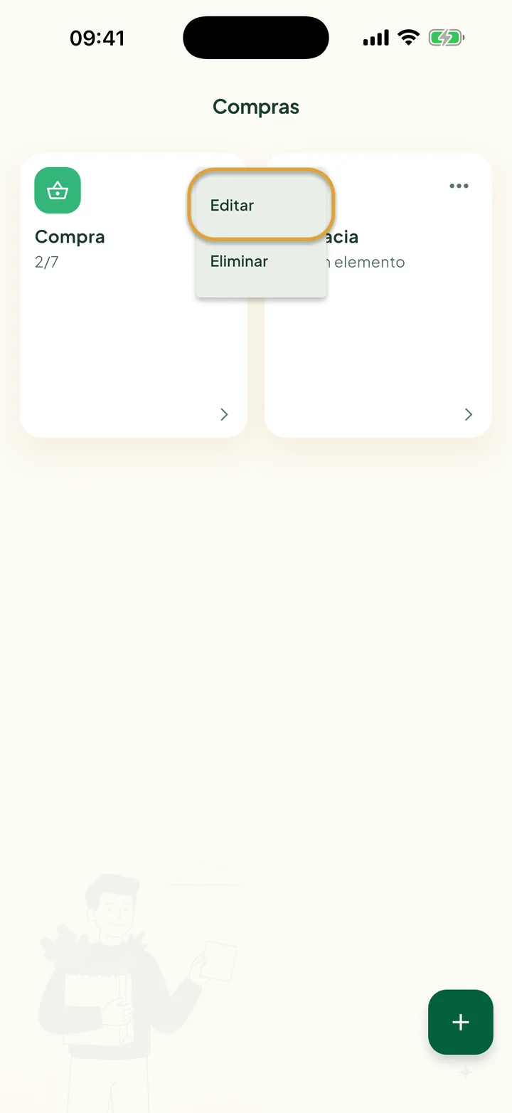 La pantalla Compras con el menú ⋯ de una lista abierto. Editar está marcado con un círculo, con Eliminar debajo.