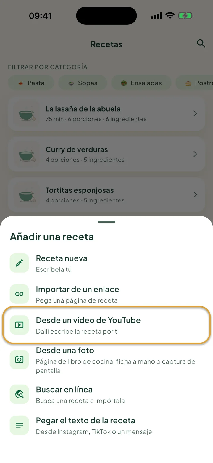 La pantalla Recetas con el menú + abierto. Desde un vídeo de YouTube está marcado con un círculo.