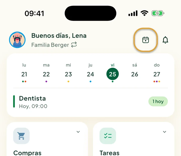 La parte de arriba de la pantalla de inicio. El botón Hoy junto a la campana está marcado con un círculo.