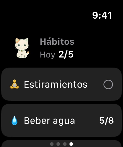 La página Hábitos en el reloj: Minzi, 2 de 5 hechos hoy, y los primeros hábitos.