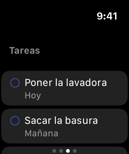 La página Tareas en el reloj con dos tareas pendientes, para hoy y mañana.