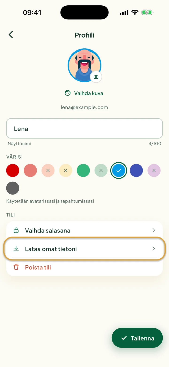Profiili-näkymä. Lataa omat tietoni kohdassa Tili on ympyröity.