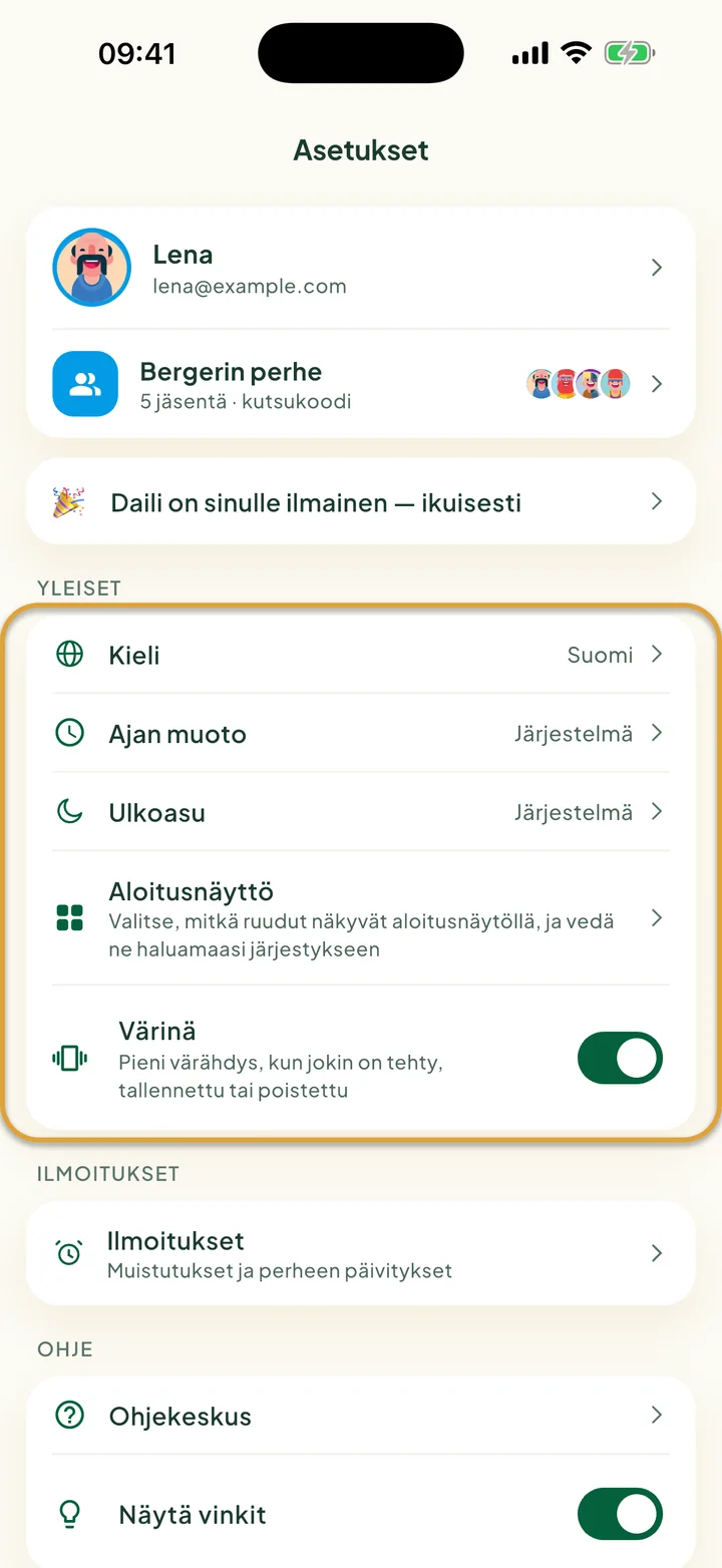 Asetukset-näkymä. Yleiset-kortti, jossa ovat Kieli, Ajan muoto, Ulkoasu, Aloitusnäyttö ja Värinä, on ympyröity.